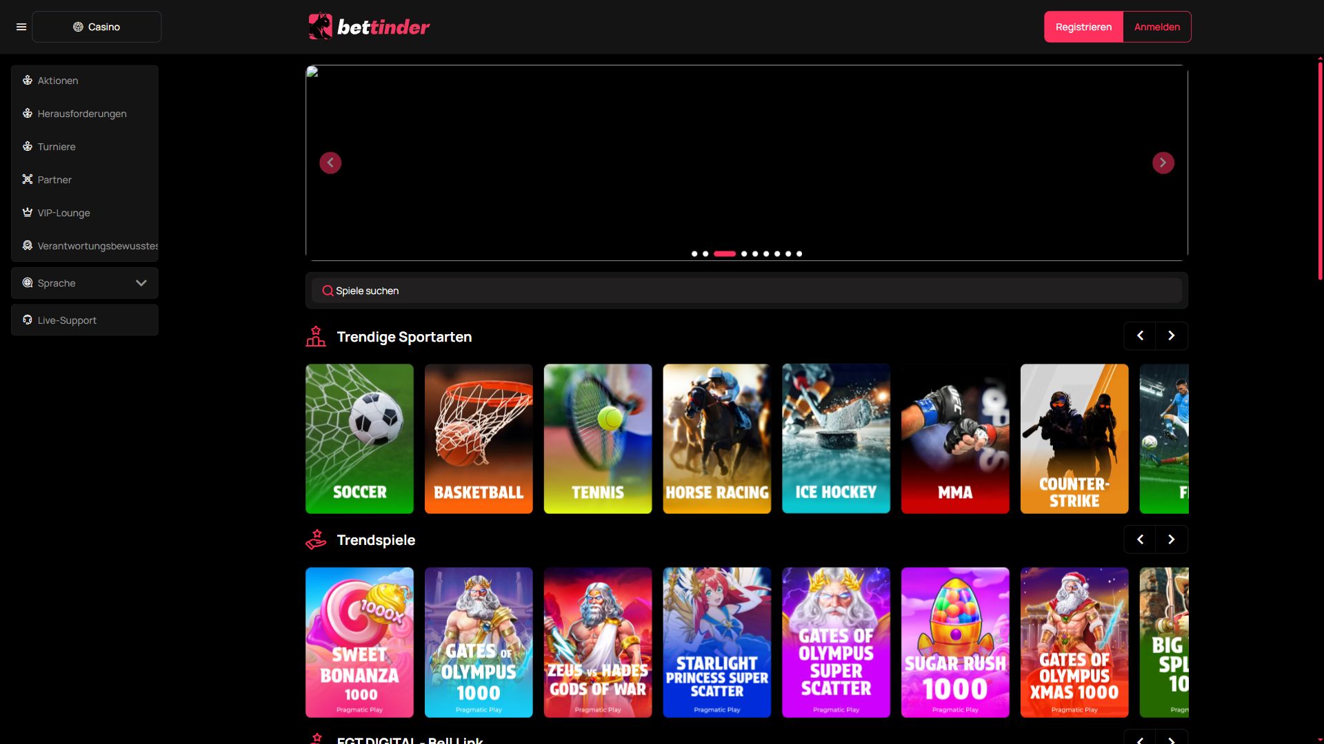 Bettinder — Startseite (Desktop)