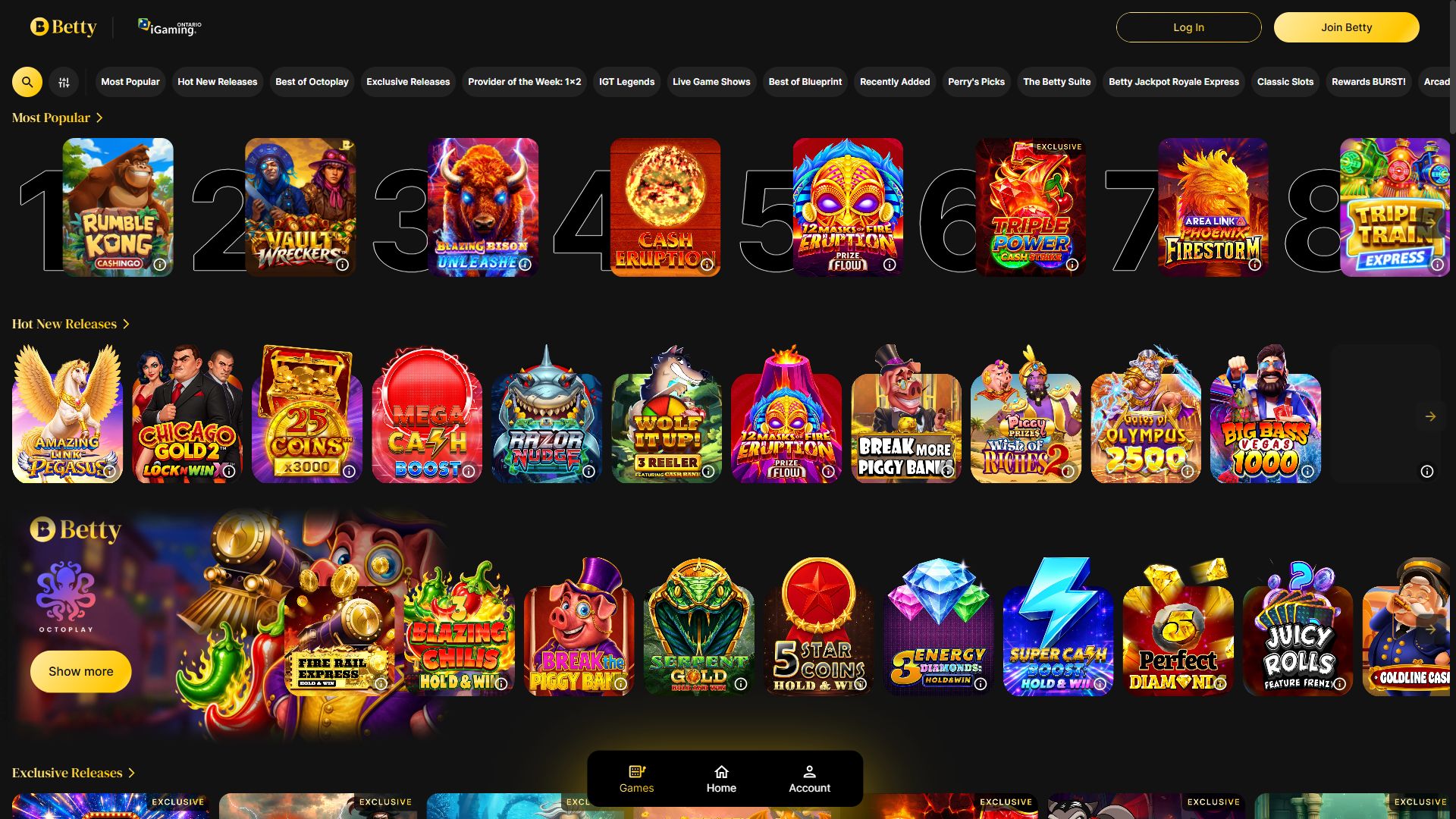 Betty Casino — Lobby (Desktop)