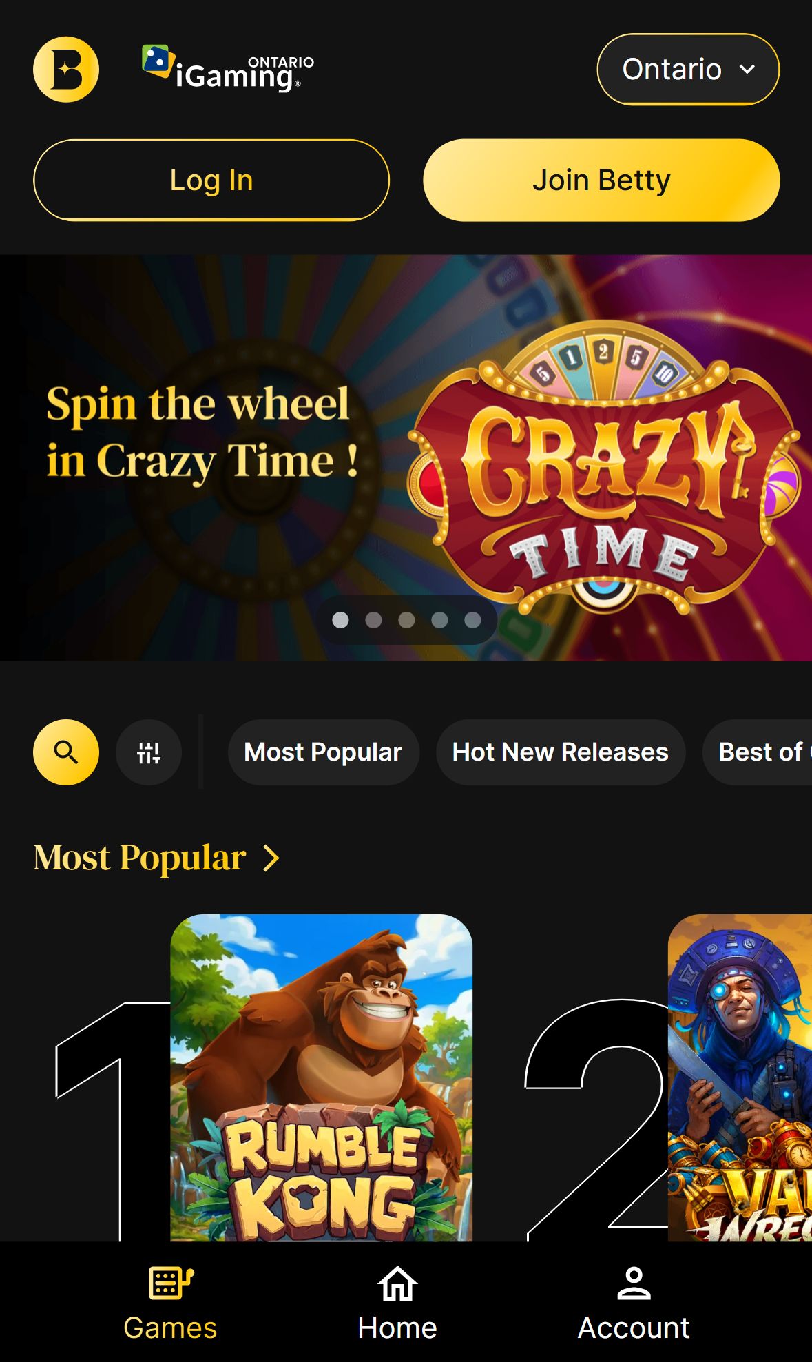Betty Casino — Lobby (Mobile)