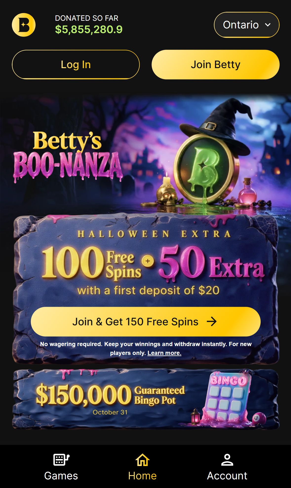 Betty Casino — Homepage (Mobile)
