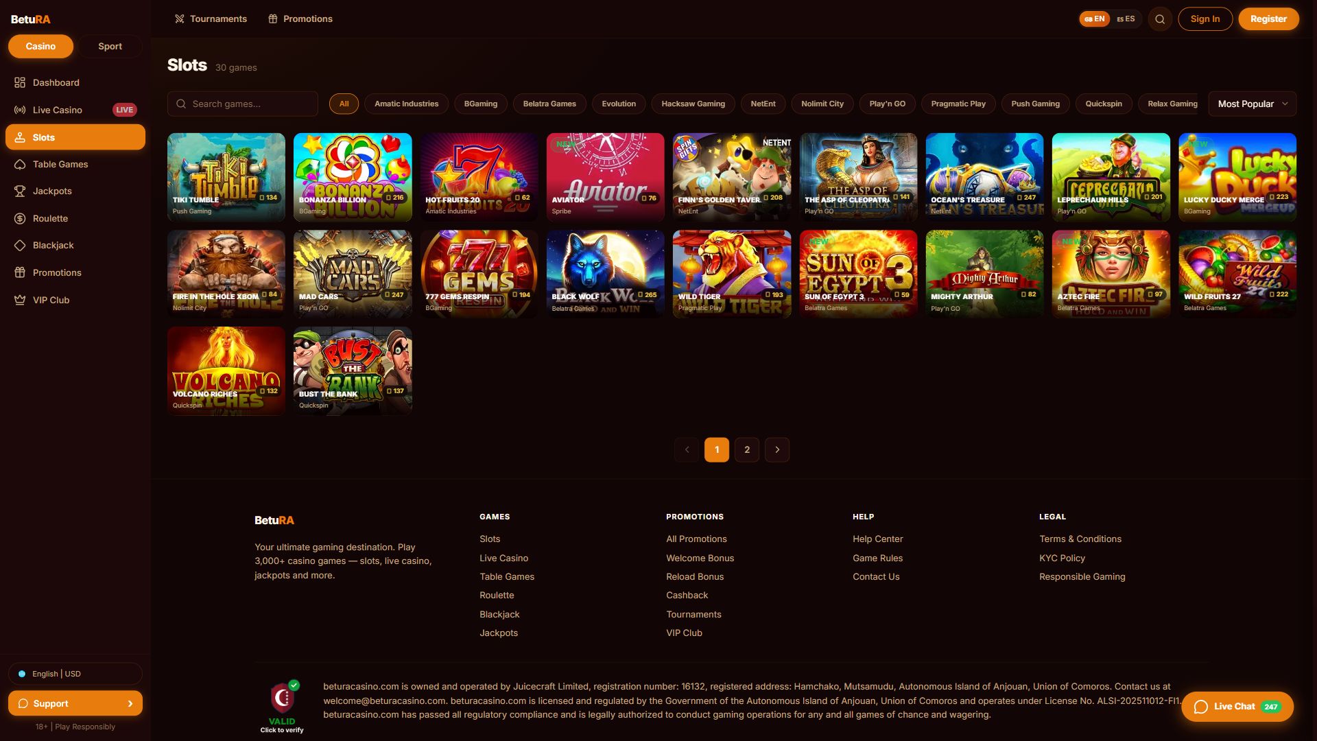 Betura Casino — Lobby (Desktop)