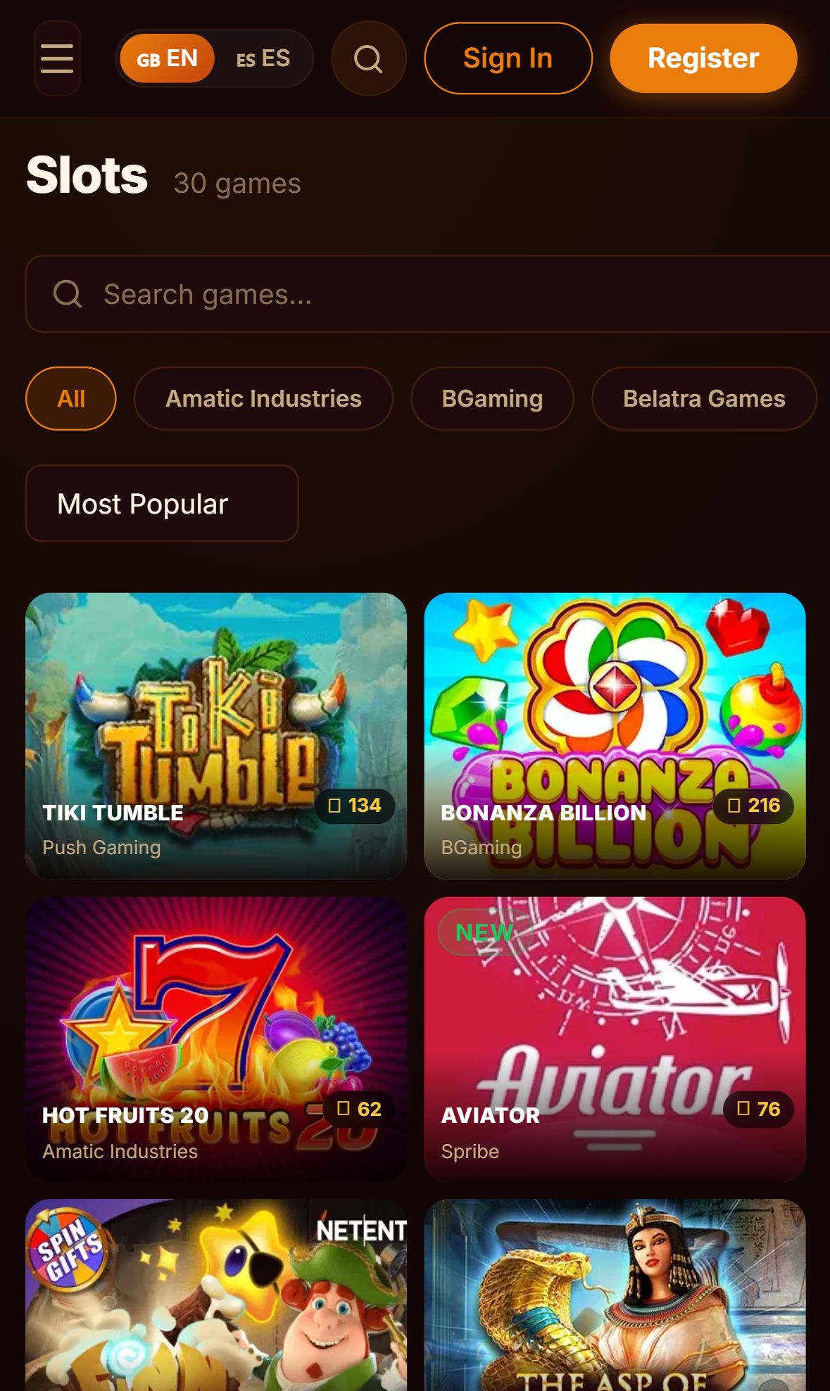 Betura Casino — Lobby (Mobile)