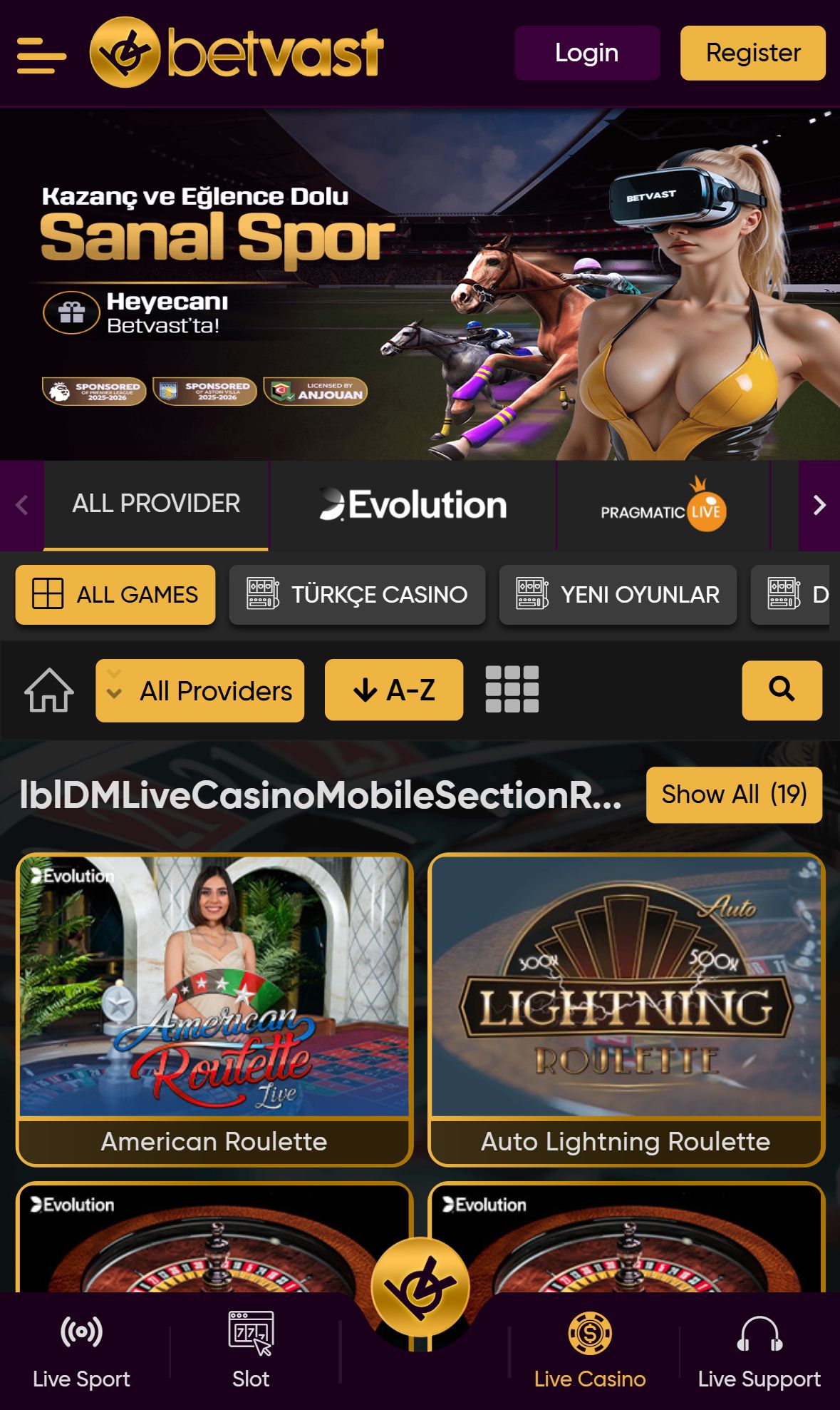 Betvast — Lobby (Mobile)