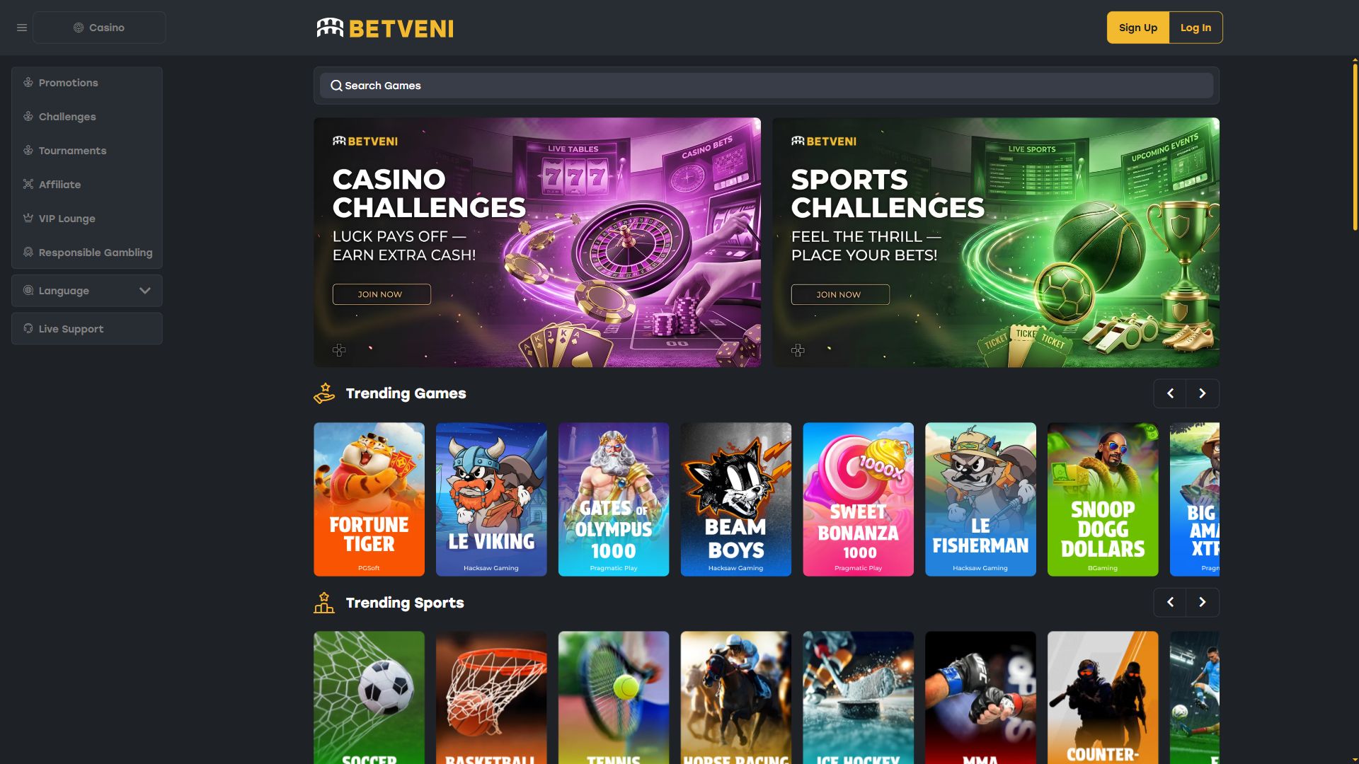 Betveni — Homepage (Desktop)