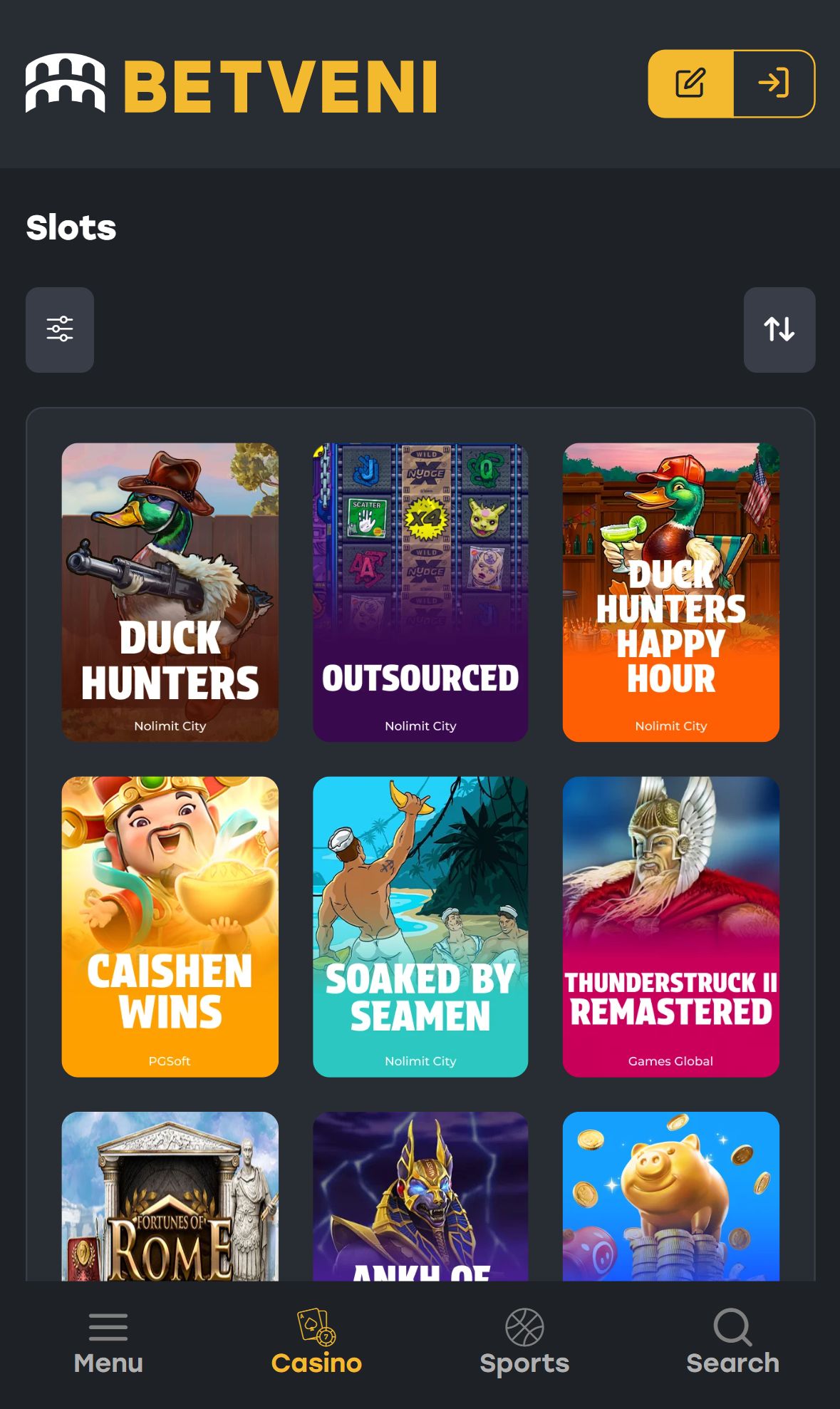 Betveni — Lobby (Mobile)