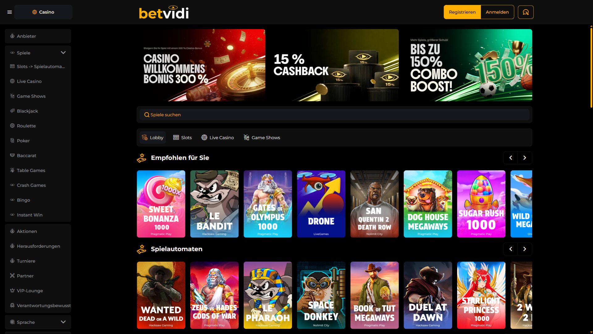 Betvidi — Lobby (Desktop)