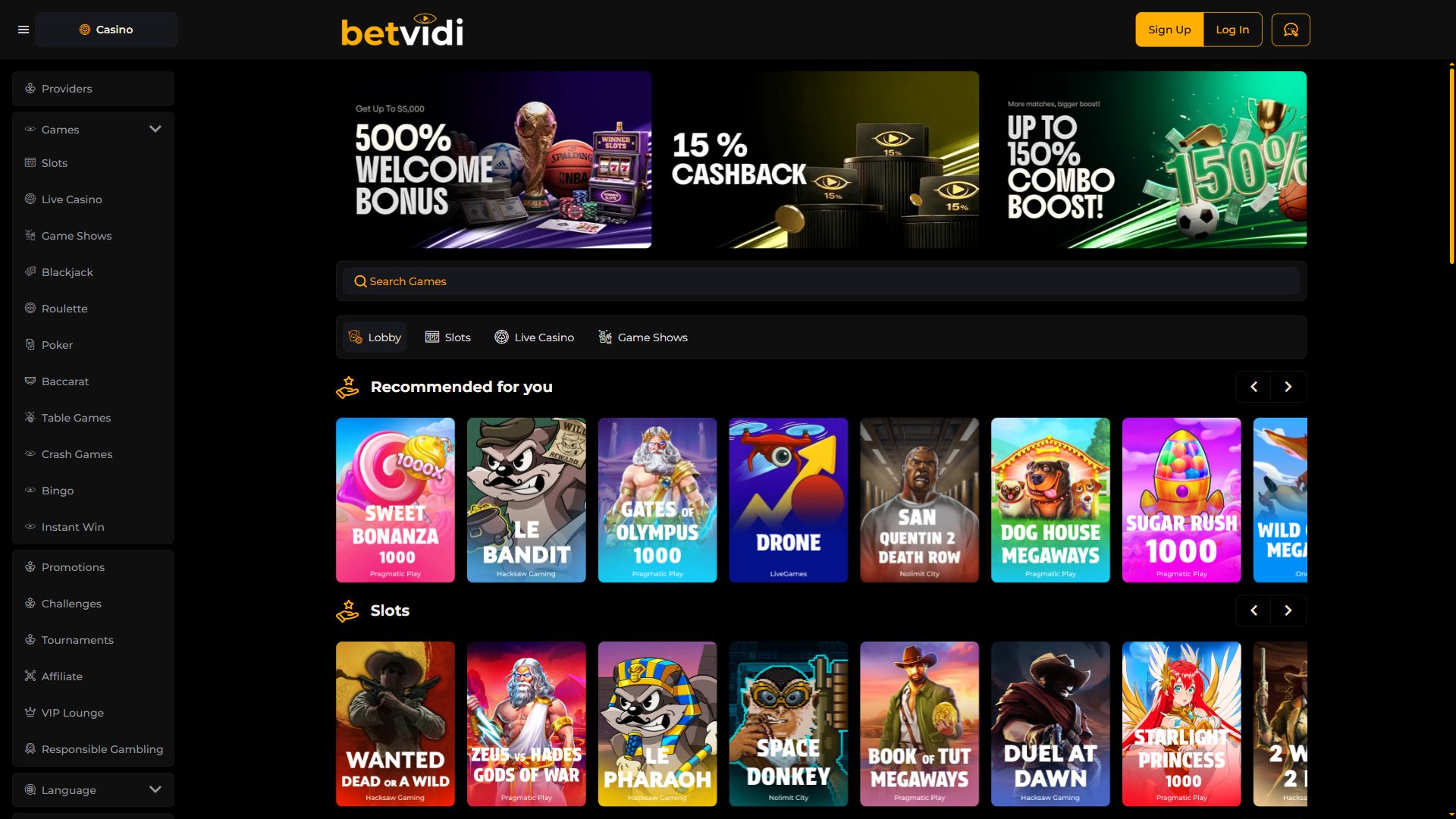 Betvidi — Lobby (Desktop)