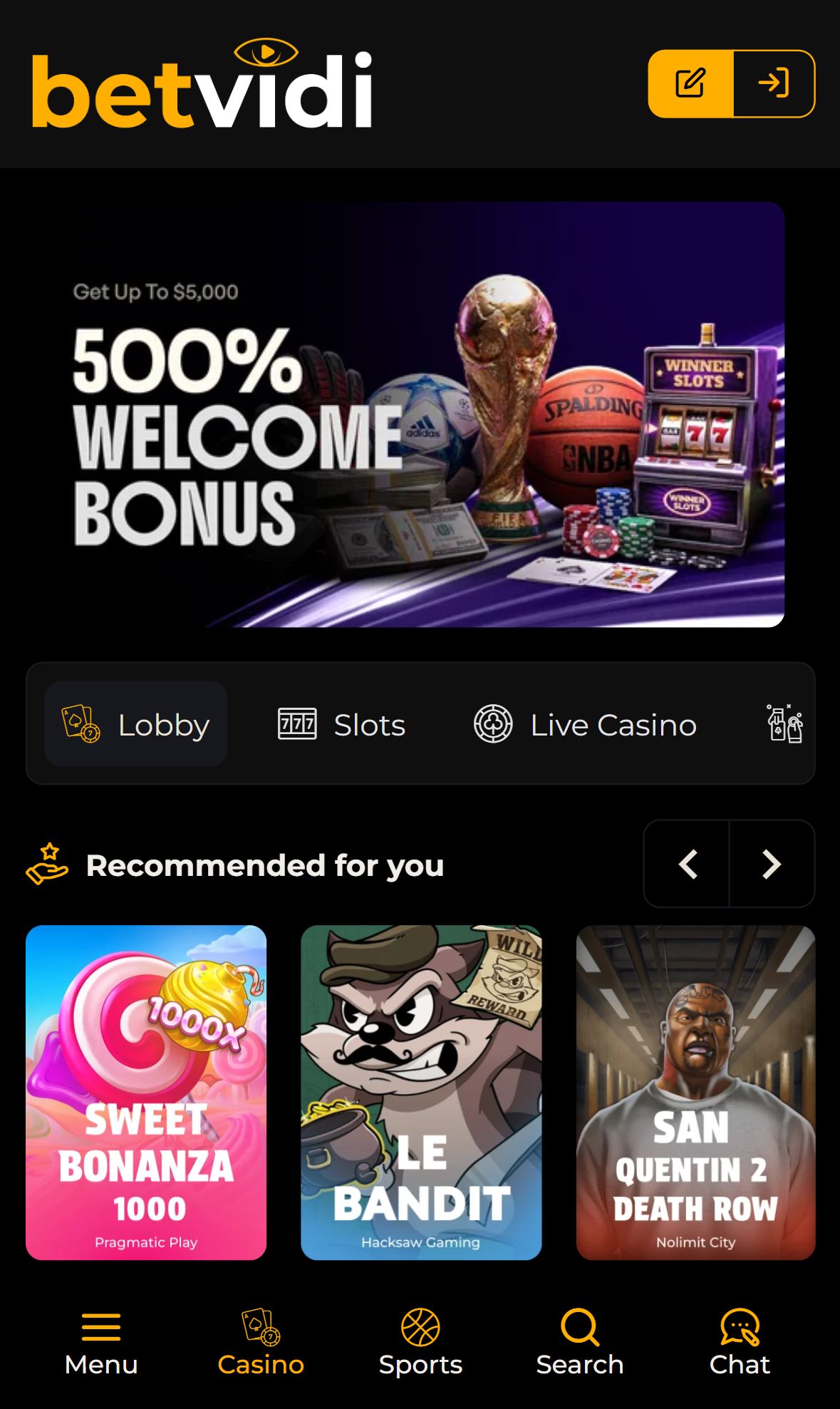 Betvidi — Lobby (Mobile)