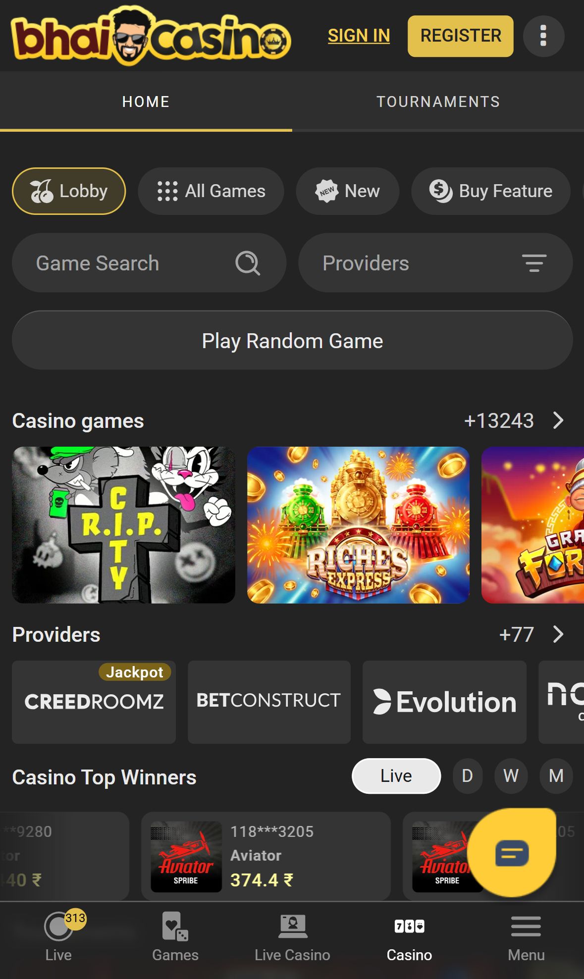 Bhaicasino — Lobby (Mobile)