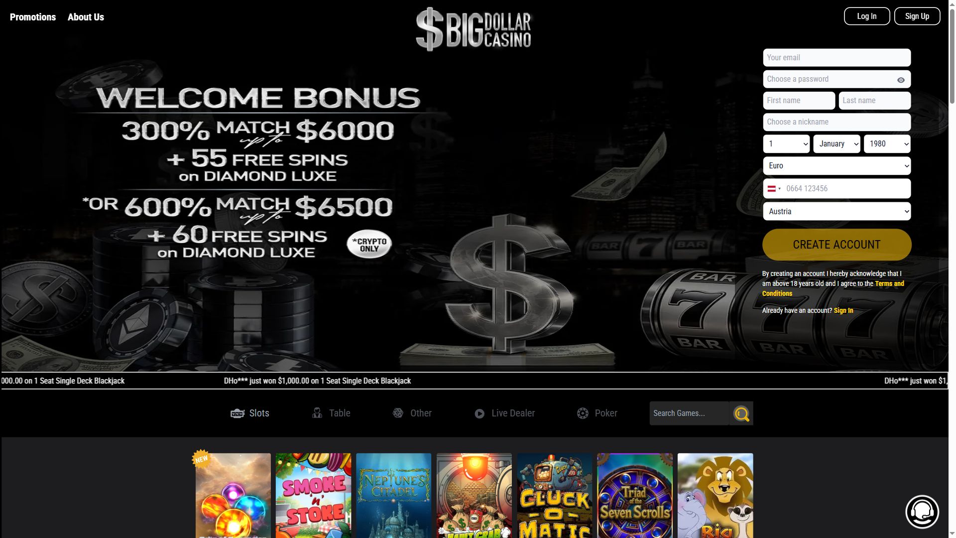 Big Dollar Casino — Homepage (Desktop)