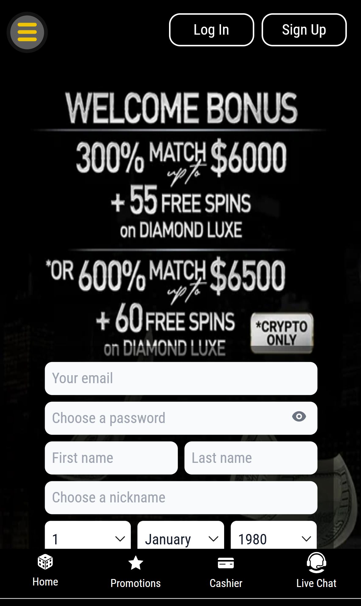 Big Dollar Casino — Homepage (Mobile)