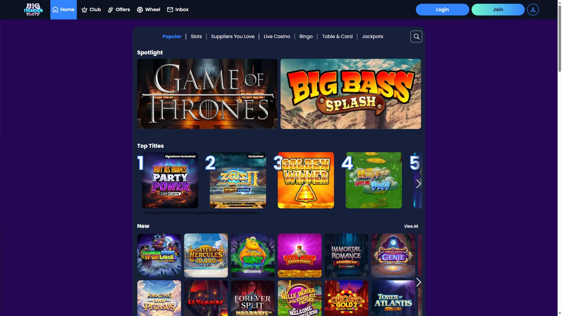 Big Thunder Slots — Lobby (Desktop)