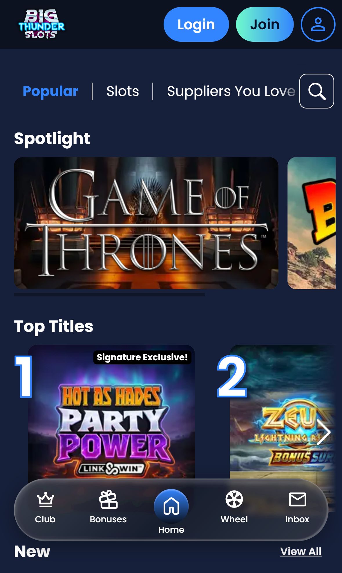Big Thunder Slots — Lobby (Mobile)