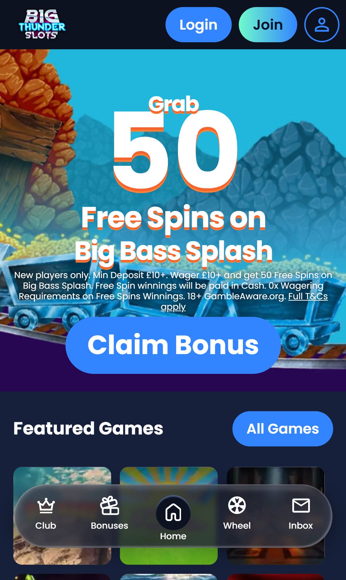 Big Thunder Slots — Homepage (Mobile)