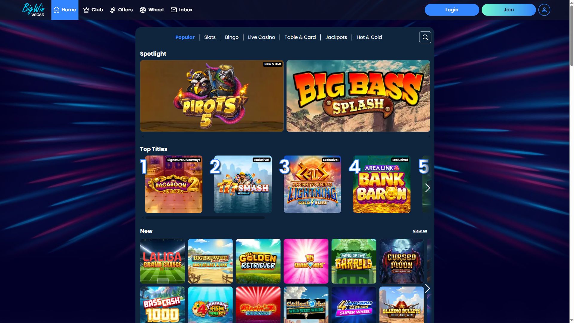 Bigwinvegas — Lobby (Desktop)