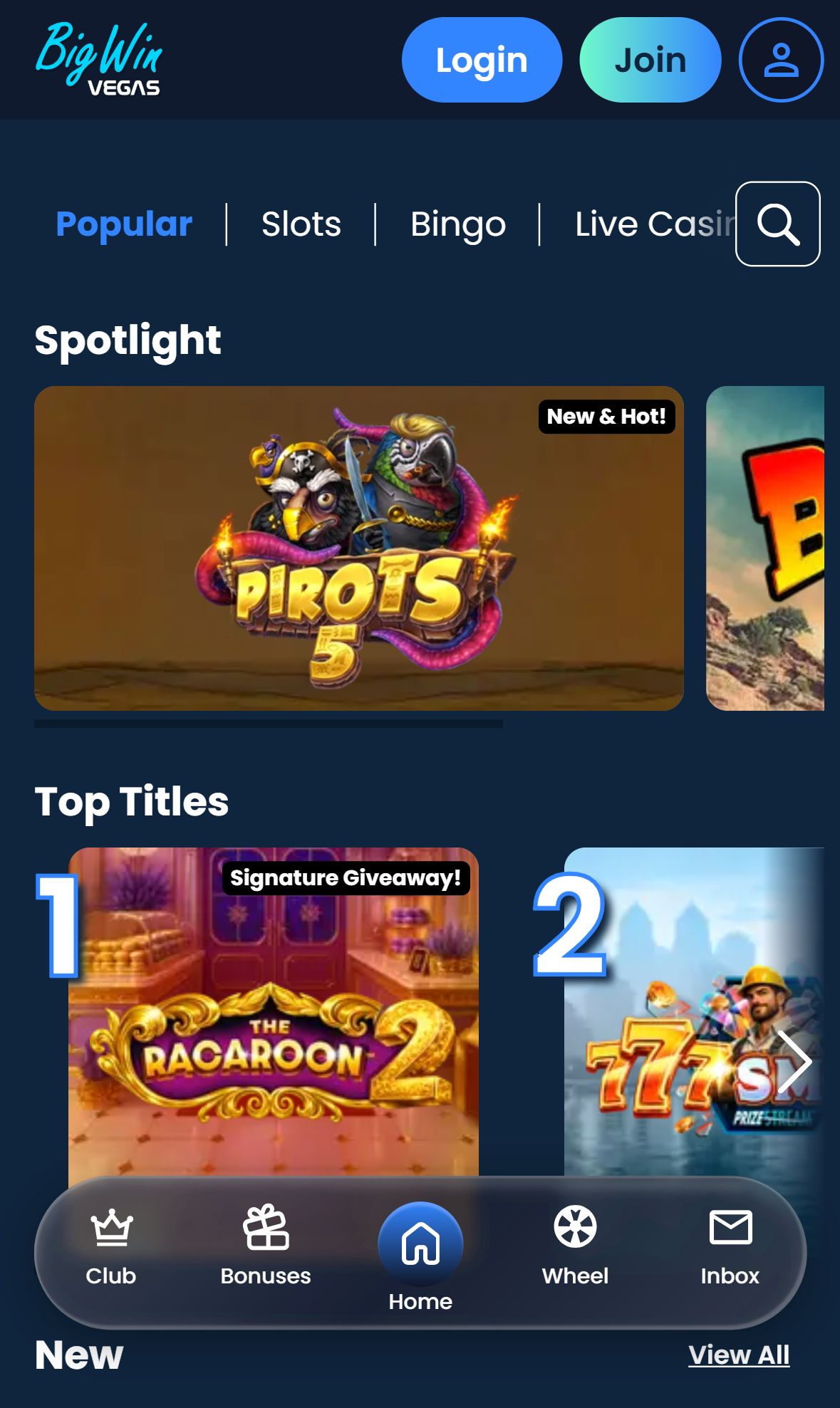 Bigwinvegas — Lobby (Mobile)