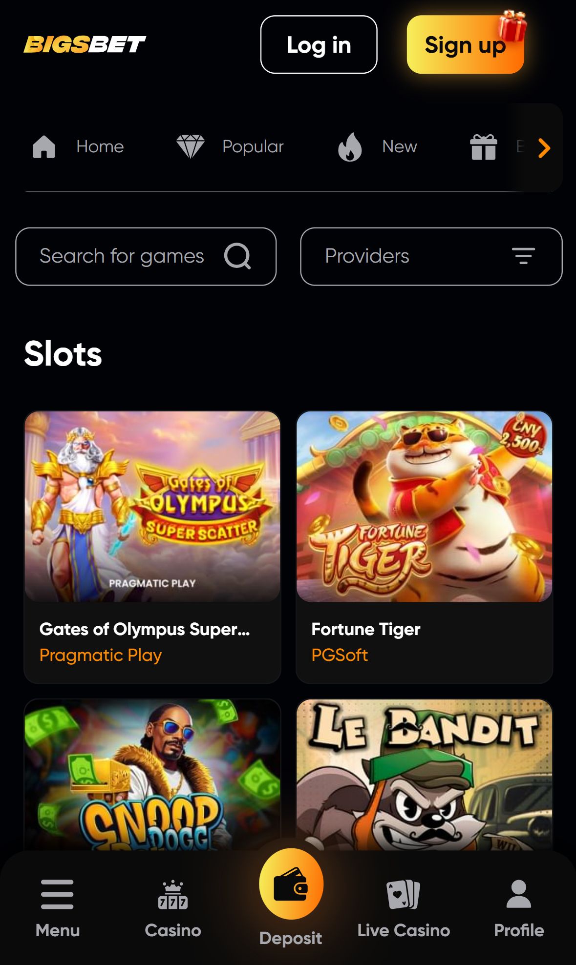 BigsBet — Lobby (Mobile)