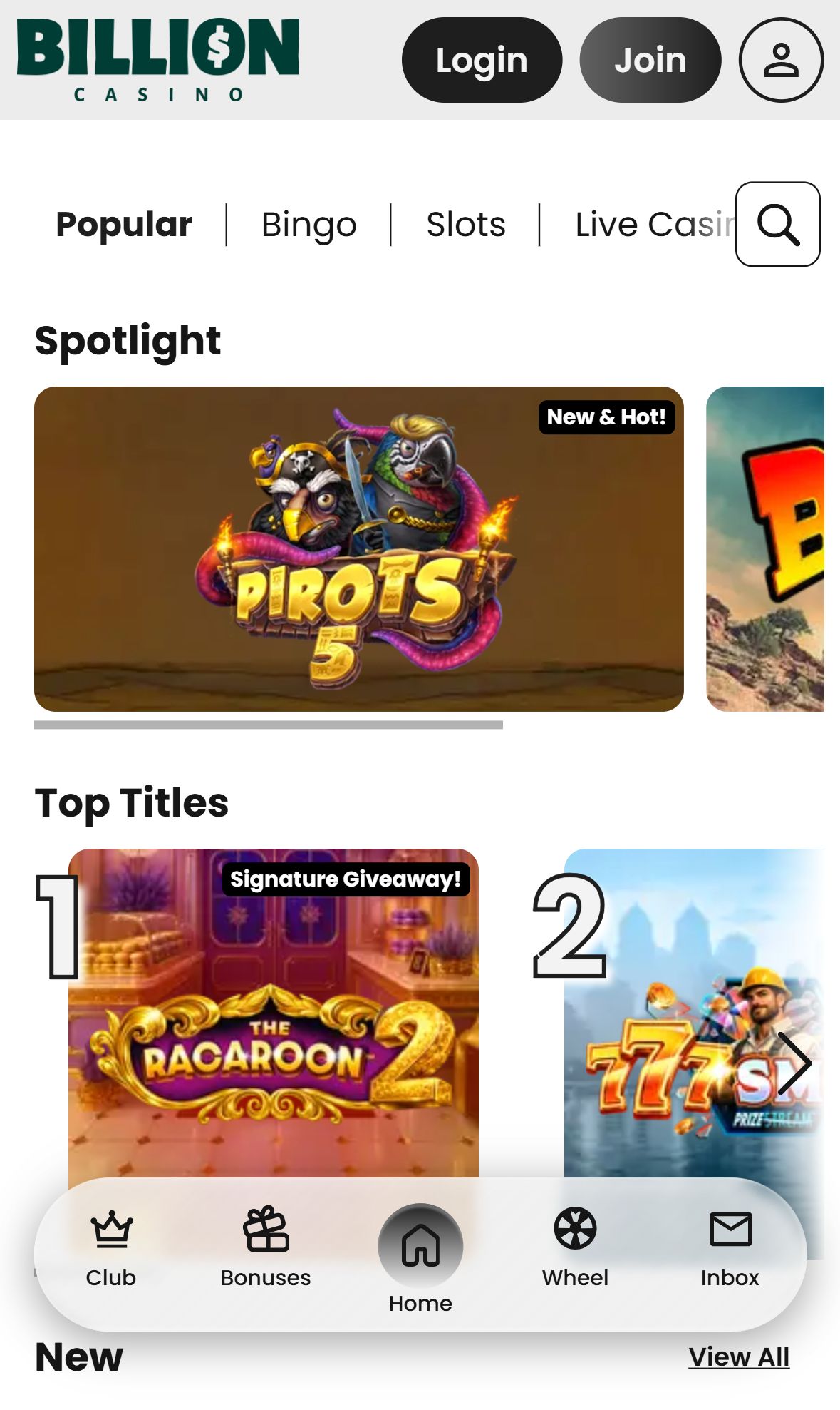 Billioncasino — Lobby (Mobile)