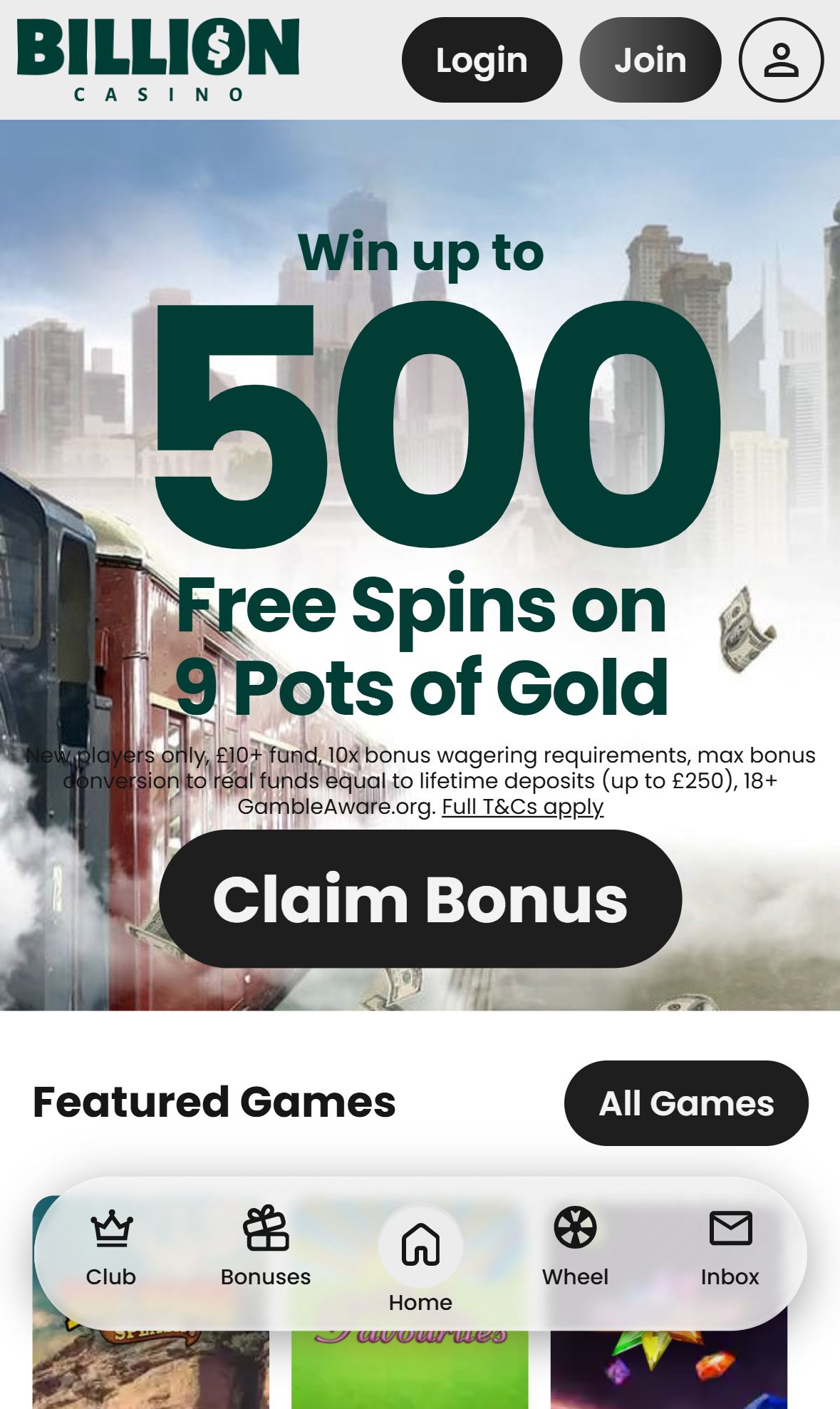 Billioncasino — Homepage (Mobile)