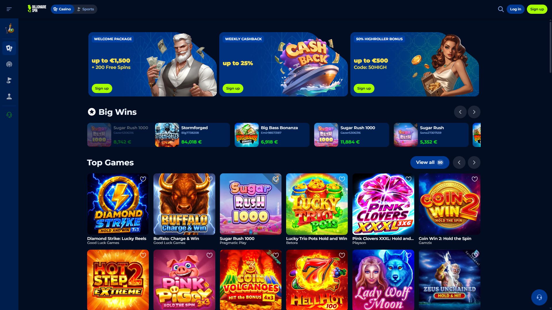 Billionaire Spin — Homepage (Desktop)