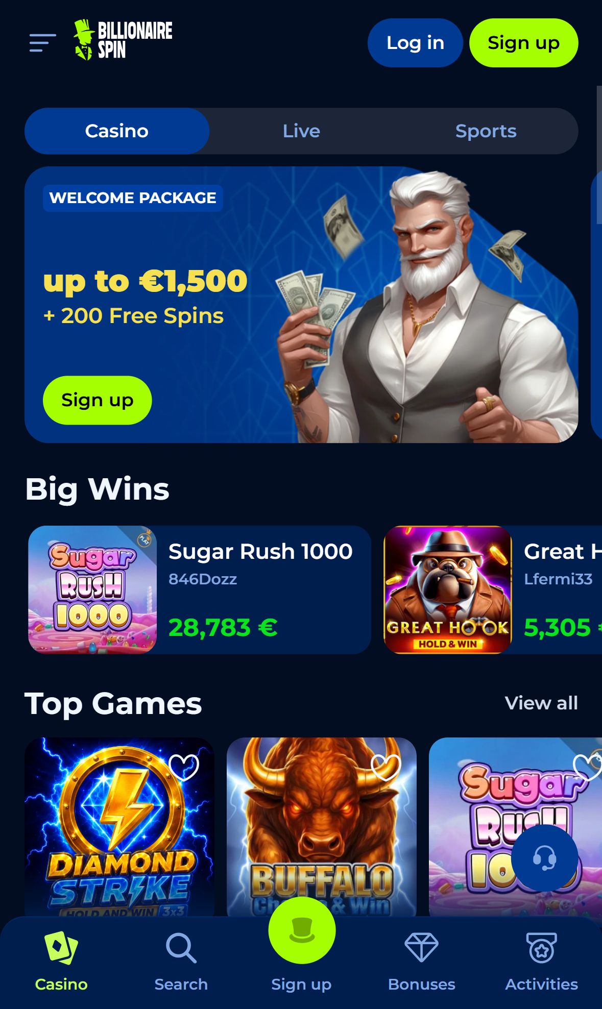 Billionaire Spin — Homepage (Mobile)