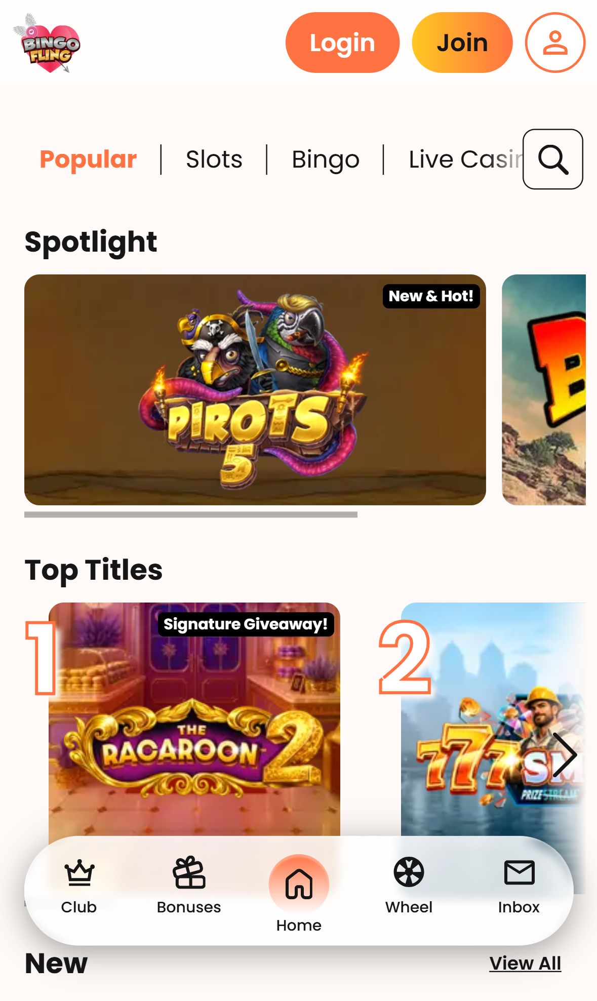Bingo Fling — Lobby (Mobile)