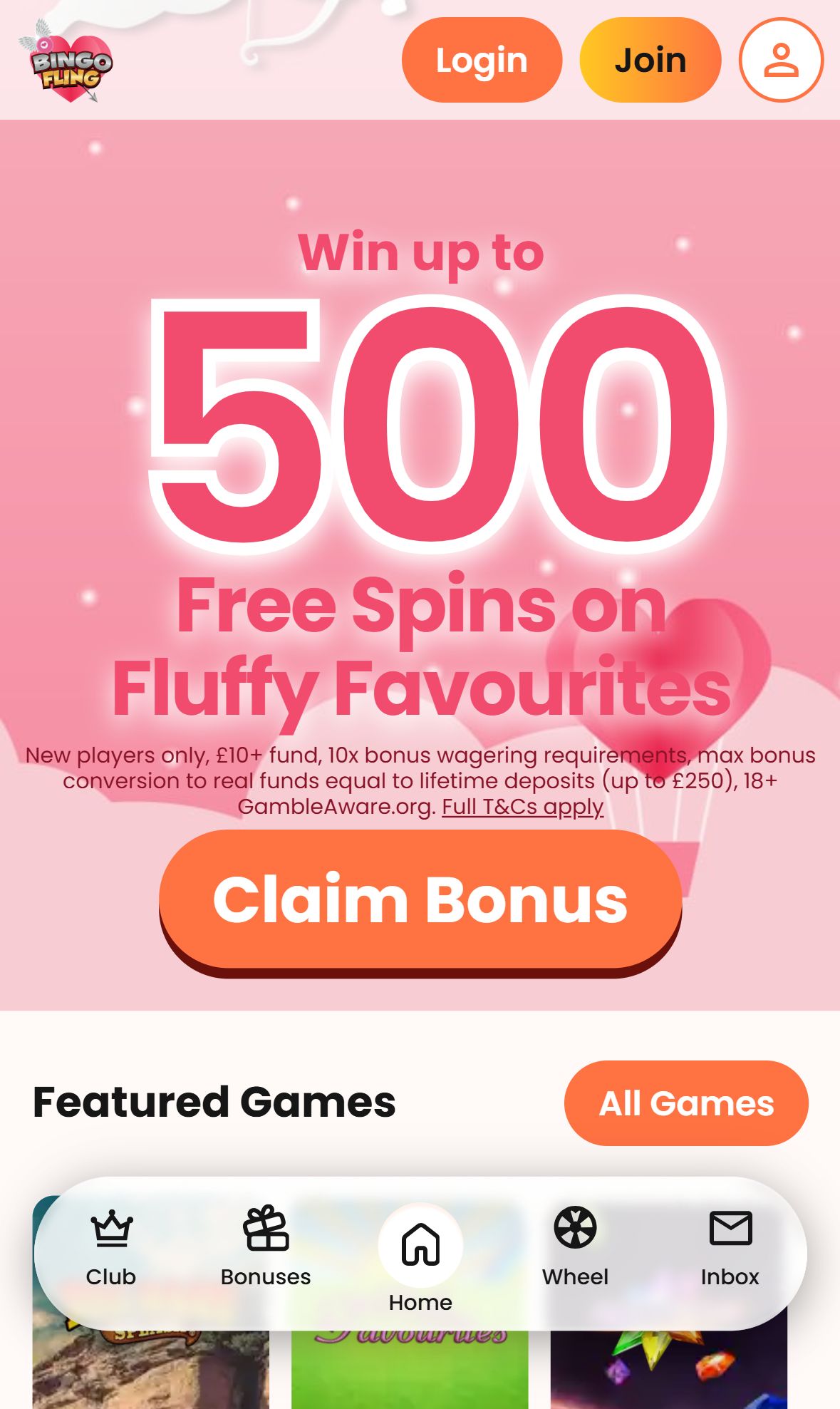 Bingo Fling — Homepage (Mobile)