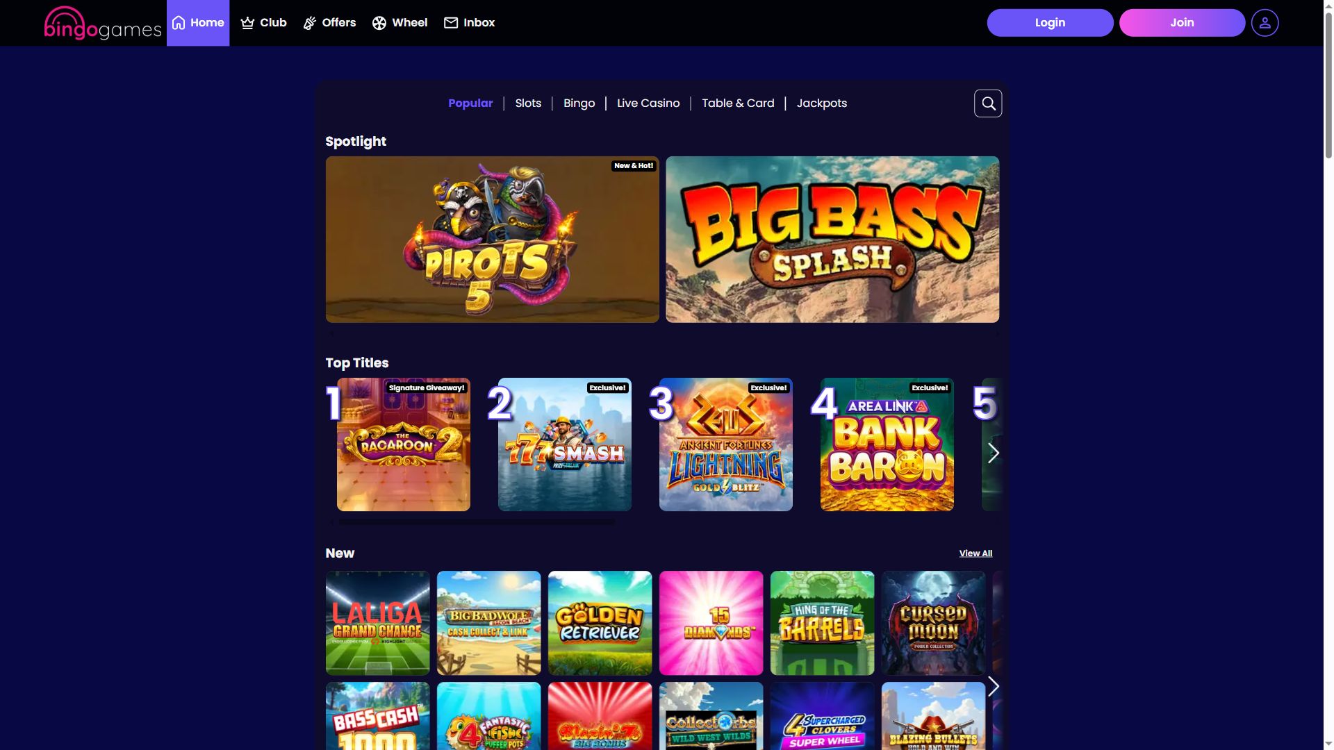 BingoGames — Lobby (Desktop)