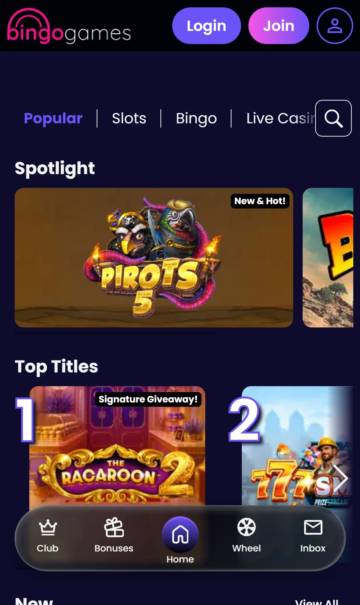 BingoGames — Lobby (Mobile)
