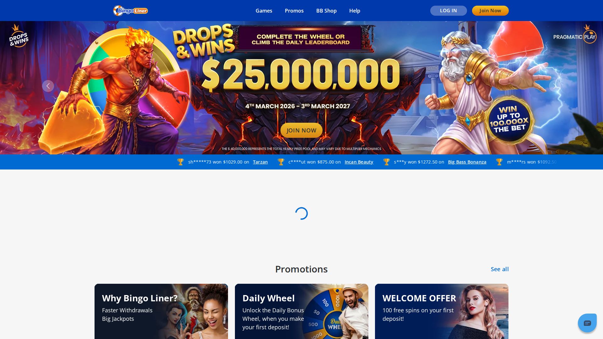 Bingo Liner — Startseite (Desktop)