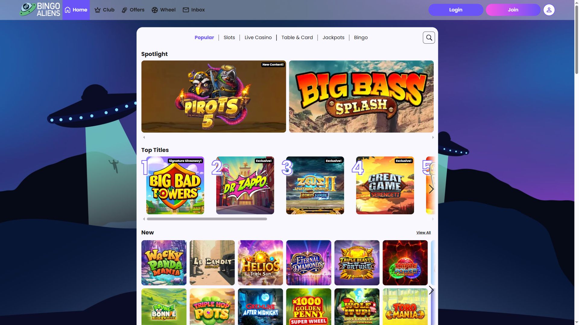 Bingo Aliens — Lobby (Desktop)