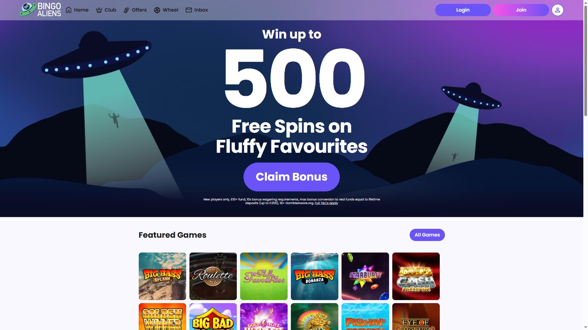 Bingo Aliens — Homepage (Desktop)