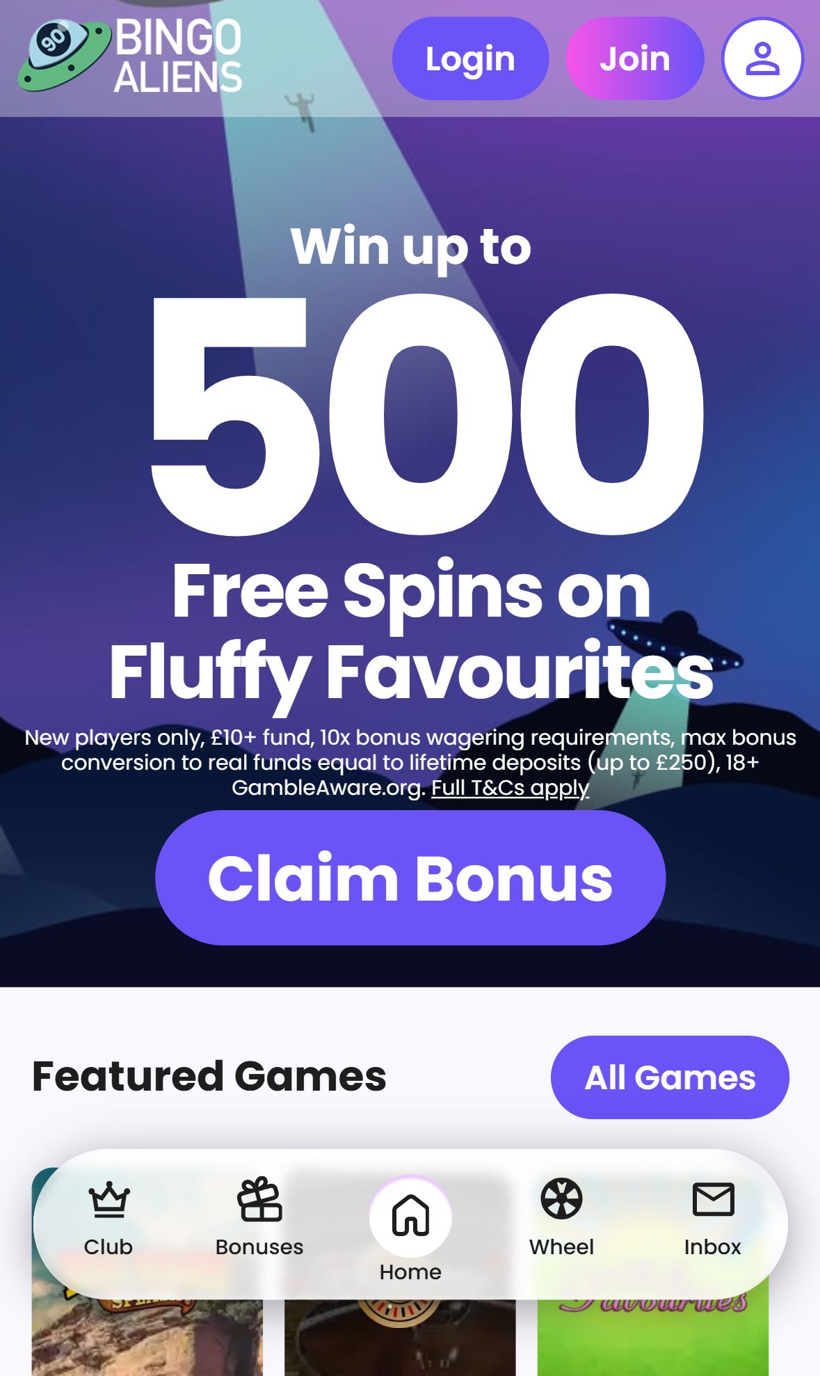 Bingo Aliens — Homepage (Mobile)
