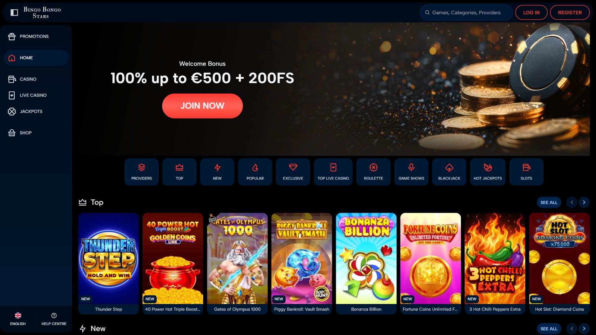 Bingo Bongo Stars — Homepage (Desktop)