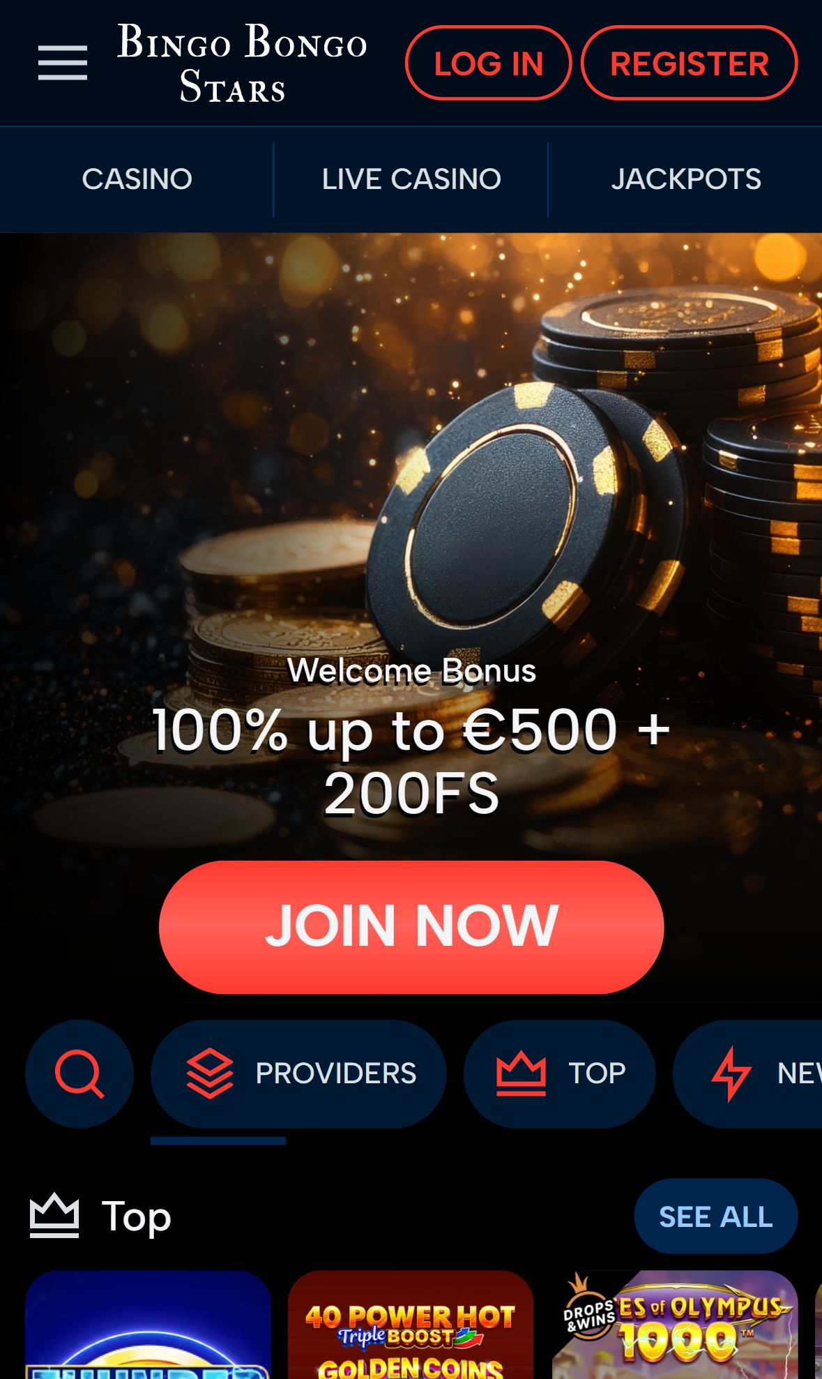Bingo Bongo Stars — Homepage (Mobile)