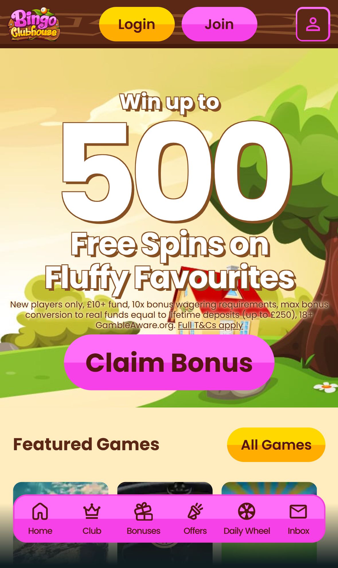 Bingo Clubhouse — Homepage (Mobile)