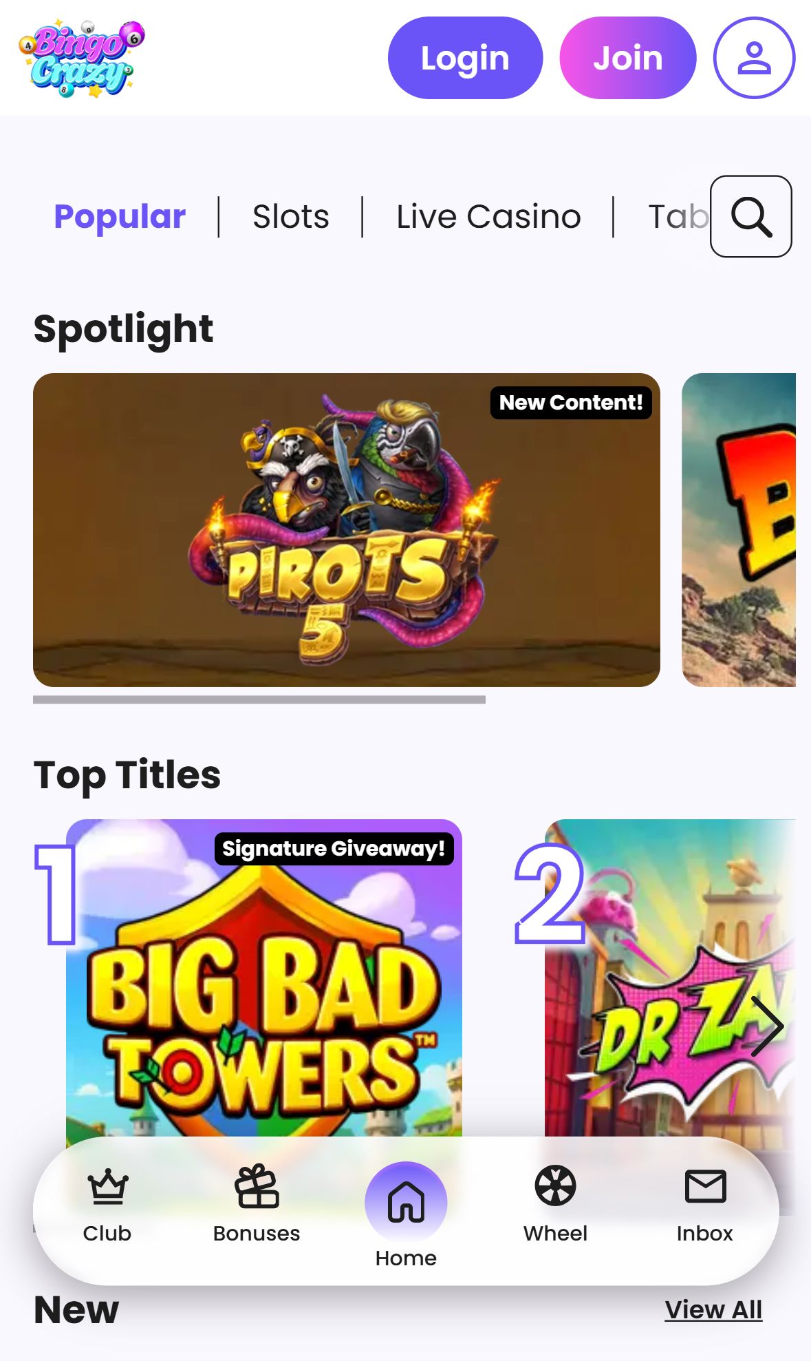 Bingo Crazy — Lobby (Mobile)