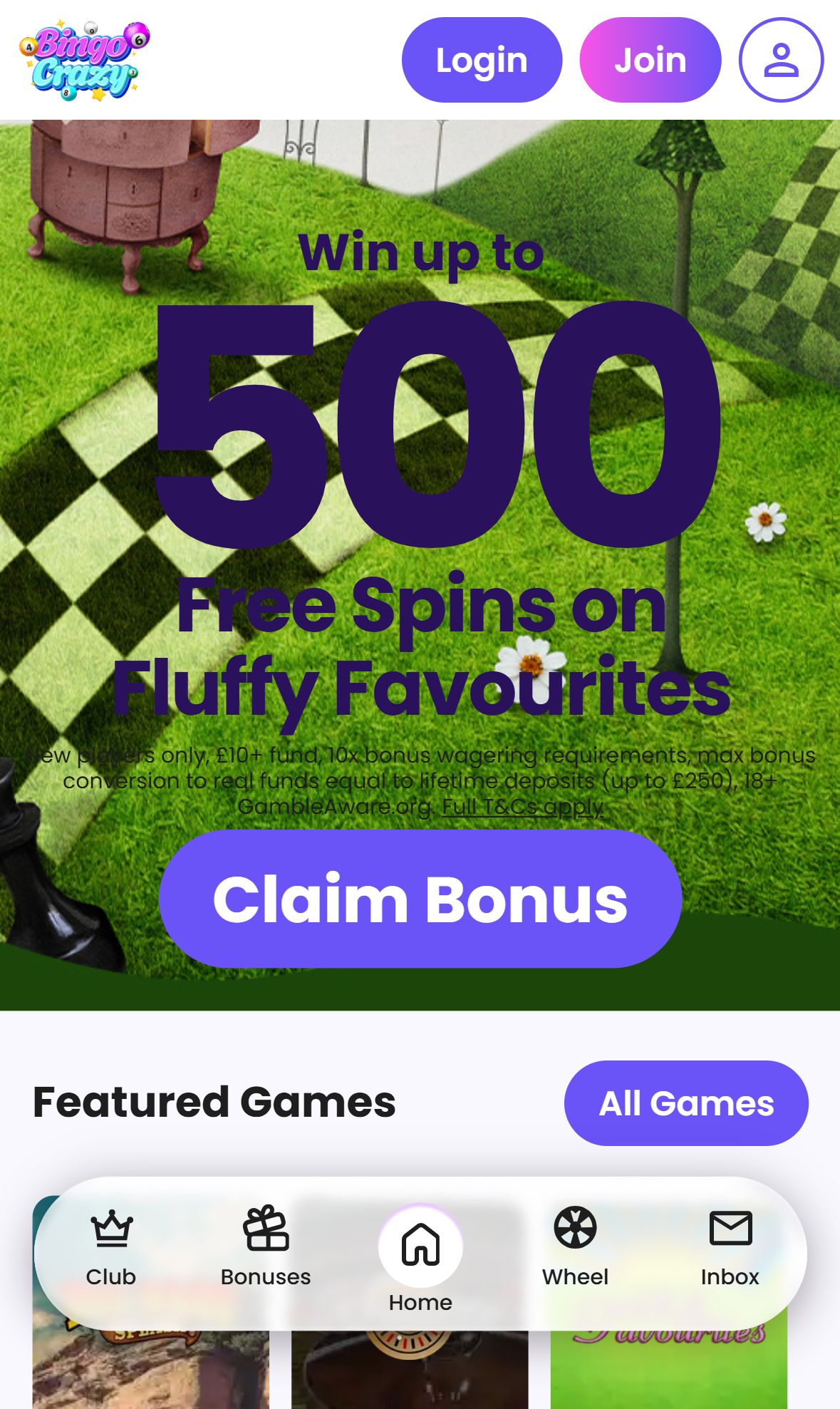 Bingo Crazy — Homepage (Mobile)