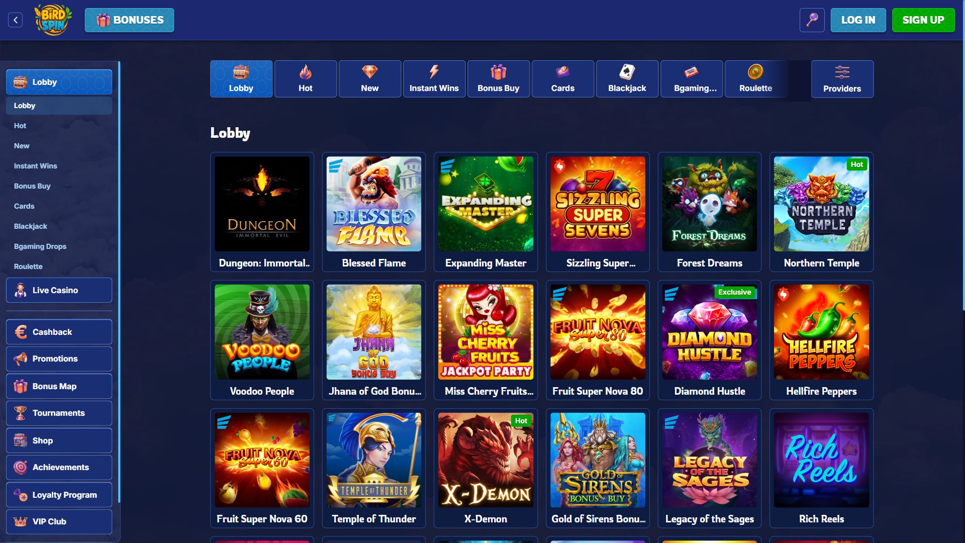 BirdSpin — Lobby (Desktop)