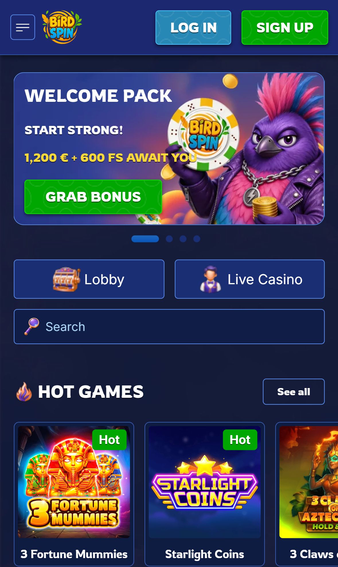 BirdSpin — Homepage (Mobile)