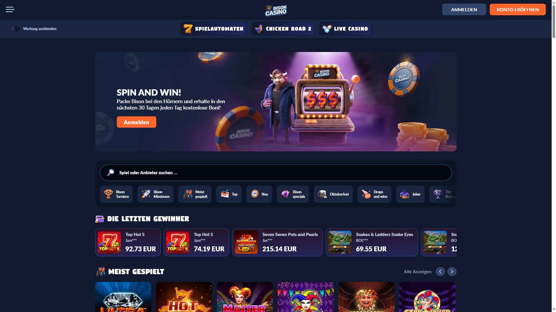 Bison Casino — Startseite (Desktop)