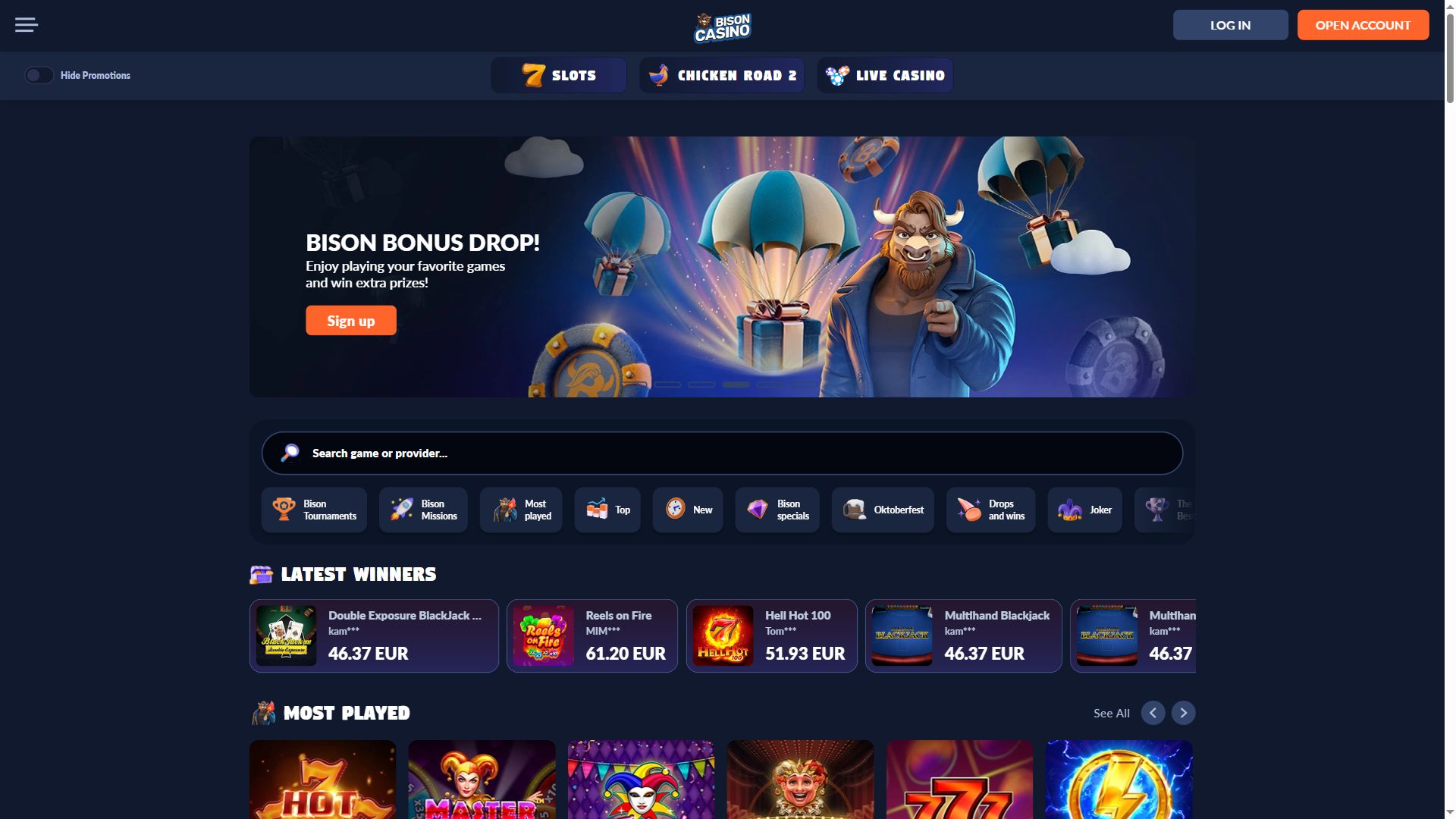 Bison Casino — Homepage (Desktop)