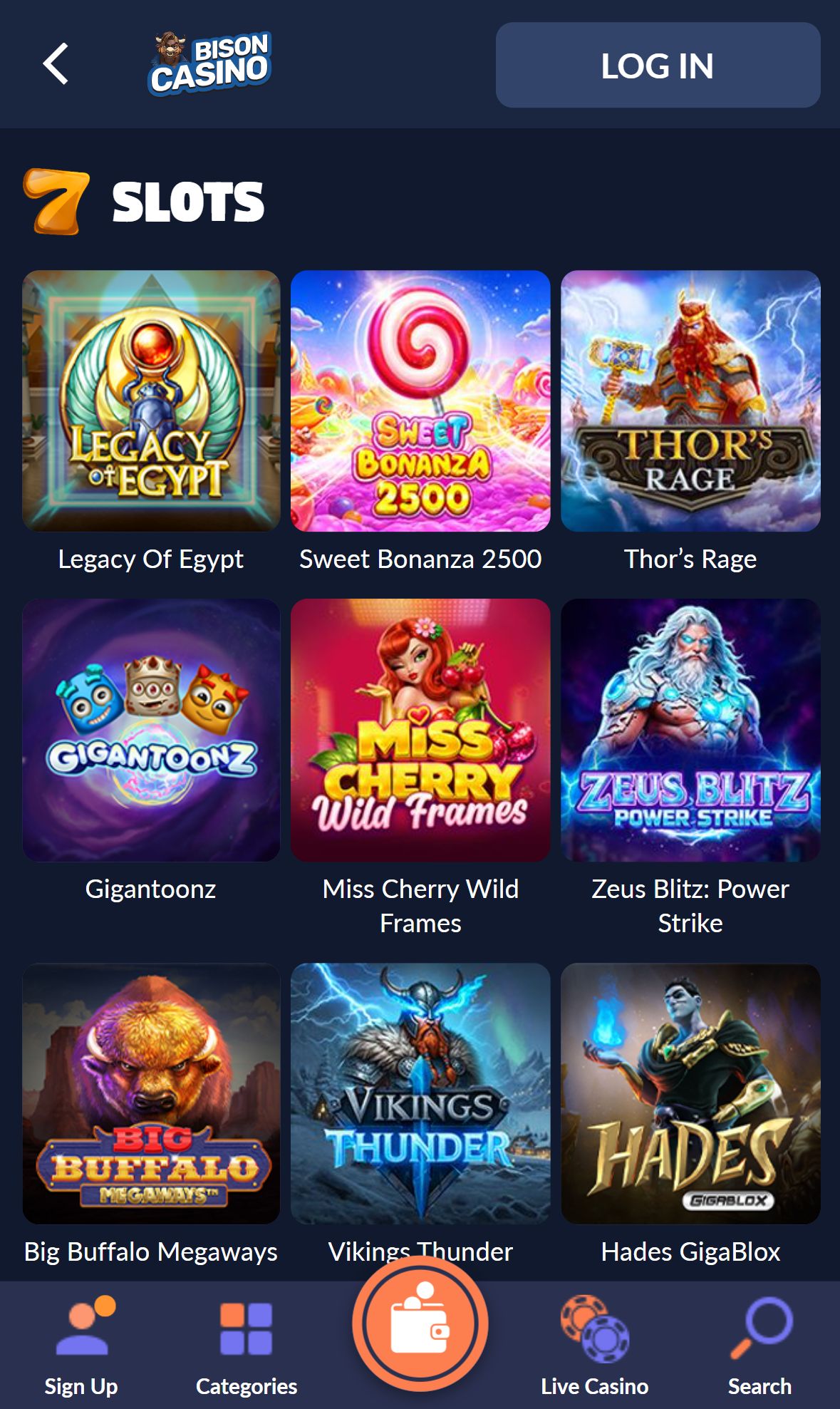 Bison Casino — Lobby (Mobile)