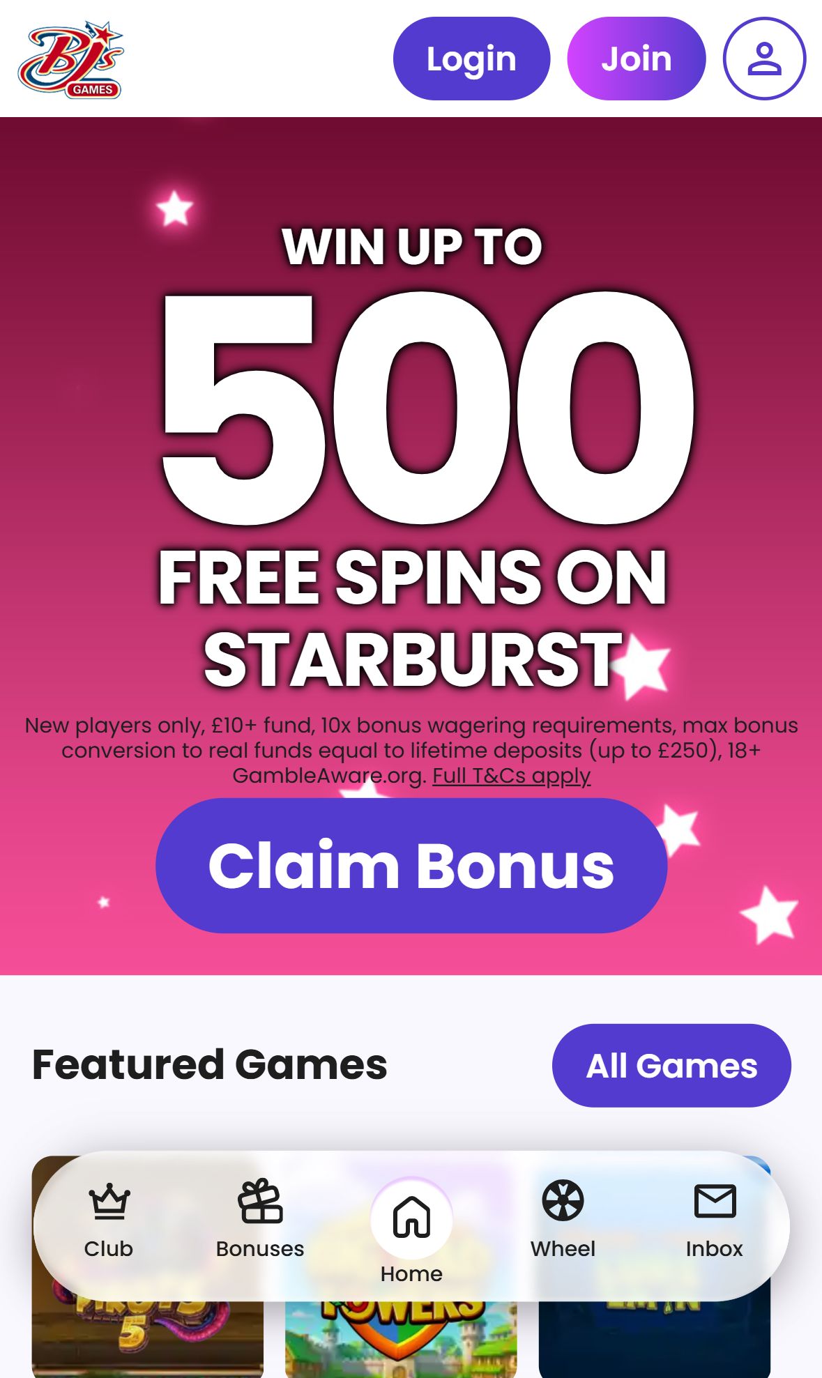 Bjs Games — Homepage (Mobile)