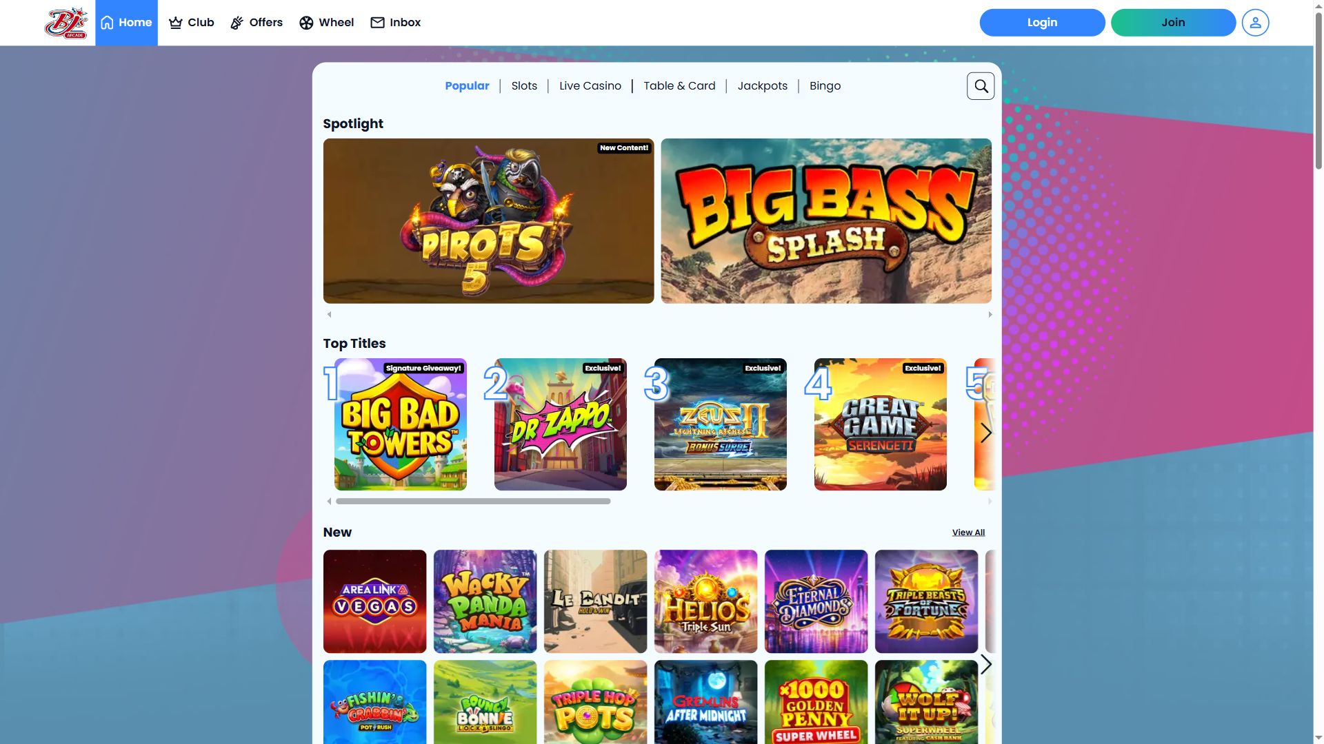 Bjs Arcade — Lobby (Desktop)