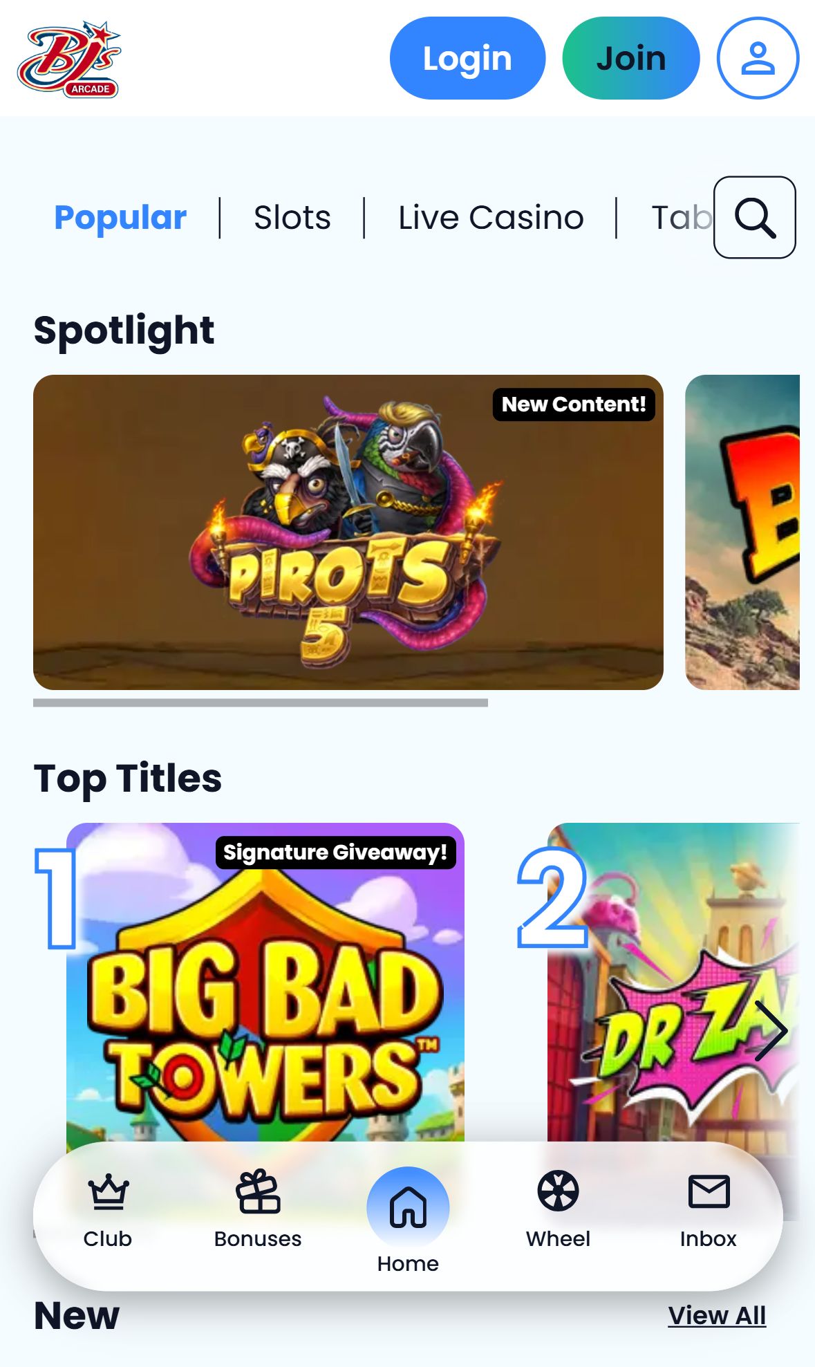Bjs Arcade — Lobby (Mobile)