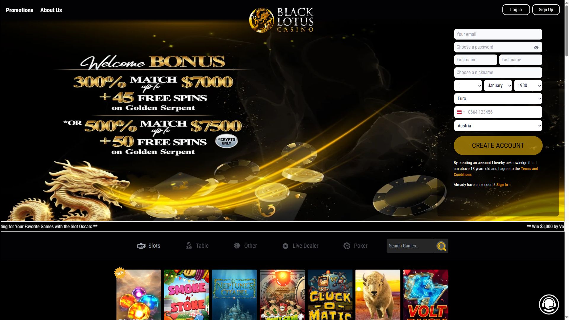 Black Lotus Casino — Homepage (Desktop)