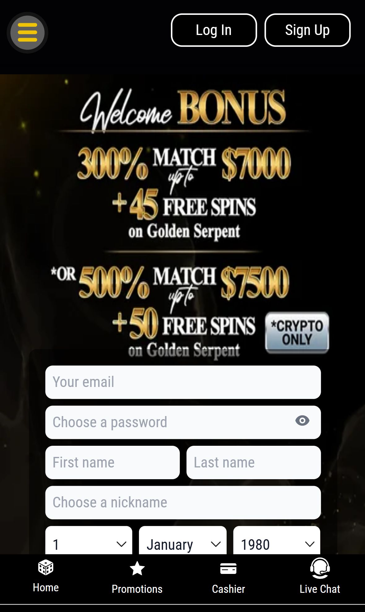 Black Lotus Casino — Homepage (Mobile)