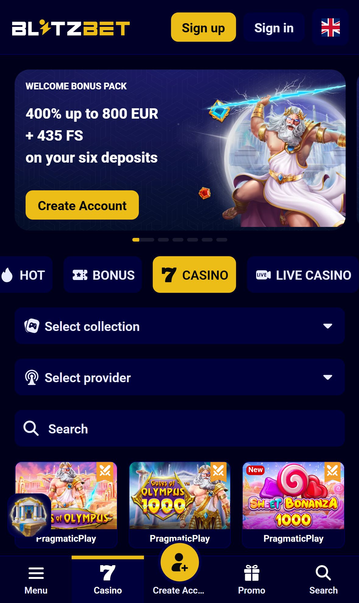 Blitz Bet — Lobby (Mobile)