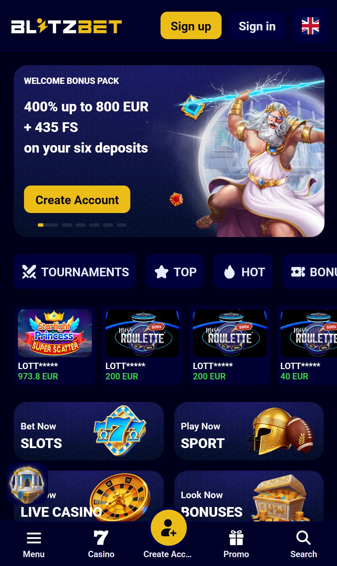 Blitz Bet — Homepage (Mobile)